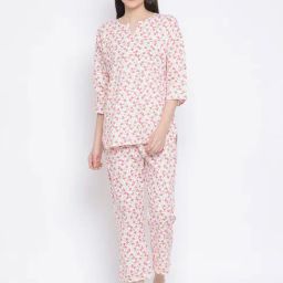 Clovia White & Pink Floral Print Top With Pyjamas-image-11