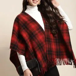 Qurvii Red & Black Checks Poncho-image-77