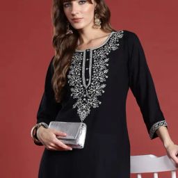 Indo Era Black Regular Fit Embroidered Kurta-image-57