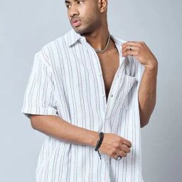 CHIMPAAANZEE White & Peach Loose Fit Striped Oversized Shirt-image-90