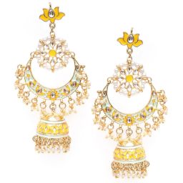 Karatcart Gold-Plated Floral Yellow Meena Kundan Jhumki Earrings image 3