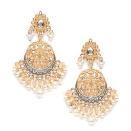 Karatcart Gold-Plated Handcrafted Grey Meena and Pearl Long Dangler Earrings image 3
