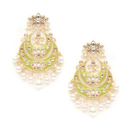 Karatcart Gold-Plated Light Green Meena Lotus Design Pearl Chand Bali Earrings image 3