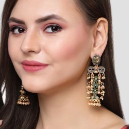 Karatcart Antique Gold-Plated Green Kundan Jhumki Earrings for Women image 3