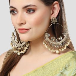 Karatcart Gold-Plated Embellished Kundan and Pearl Large Chand Bali Earrings for Women image 3