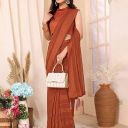 FABMORA Rust Striped Saree With Unstitched Blouse-image-86
