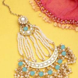 Karatcart Gold-Plated Handcrafted Light Blue Bead Kundan Passa for Women-image-10