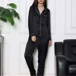 Slumber Jill Black Satin Regular Fit Pyjama Set-image-55