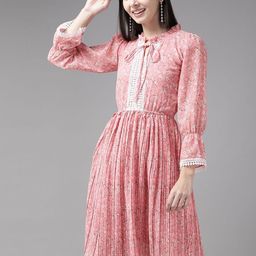 BAESD Floral Printed Tie-Up Neck Puff Sleeve Georgette Fit and Flare Dress-21