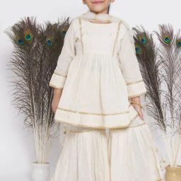 Little Bansi Kids Cream Embroidered Kurta, Sharara with Dupatta-image-41