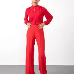 Qua Apple Red Creased Wide Leg Trousers-image-76
