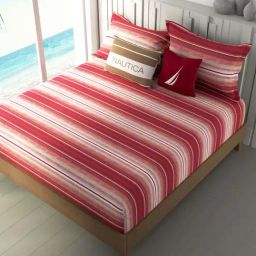 NAUTICA Ocean View Orange & Pink Cotton 160 TC King Bedsheet with 2 Pillow Cover-image-1