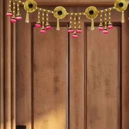 THE HOME CO. Pink& Yellow Flower Hanging Toran With Gota Mirror-49