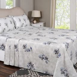 Maspar Everbloom Blue Cotton Floral 300 TC King Flat Bedsheet with 2 Pillow Cases-image-45
