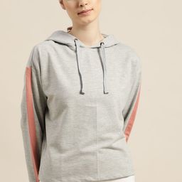 ether Women Grey Melange Solid Hooded Sweatshirt-9