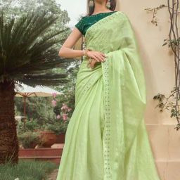 Satrani Green Embellished Saree With Unstitched Blouse-image-56