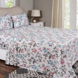 Maspar Blossom Meadow Blue Cotton Floral 300 TC Double Flat Bedsheet with 2 Pillow Cases-image-6