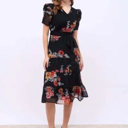 Styli Black Regular Fit Floral Print Dress-image-43