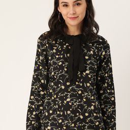 Belle Fille Black & Yellow Floral Printed Tie-Up Neck Regular Top-6