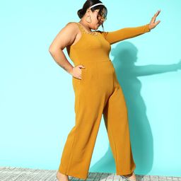 CURVE BY KASSUALLY Plus Size Mustard Embellished Basic Jumpsuit image 3