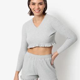 Campus Sutra Grey Cotton Crop Top With Shorts-image-67