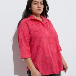Gia by Westside Fuchsia Floral Embroidered Cotton Shirt-3