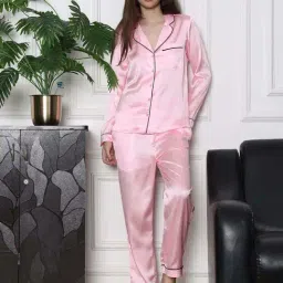 Slumber Jill Pink Satin Regular Fit Pyjama Set-image-5