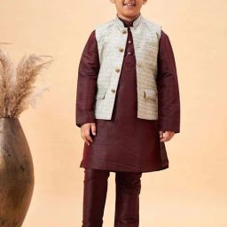 VASTRAMAY Boys Wine & Beige Self Full Sleeves Kurta Sets-image-6