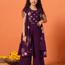Fashion Dream Kids Wine Embroidered Crop Top With Palazzos And Shrug Set-picture-26