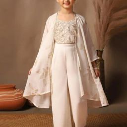Fashion Dream Kids Off-White Embroidered Crop Top With Palazzos And Shrug Set-picture-34