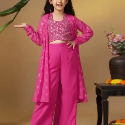 Fashion Dream Kids Rani Embroidered Crop Top With Palazzos And Shrug Set-picture-35