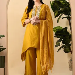 Sangria Embroidered Keyhole Neck Bell Sleeves Kurta & Palazzos Set With dupatta-picture-56