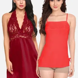 FIMS: Fashion is my Style Red & Maroon Lace Work Babydoll With Thong-image-88