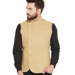 Hypernation Khaki Slim Fit Cotton Solid Waistcoat-image-85