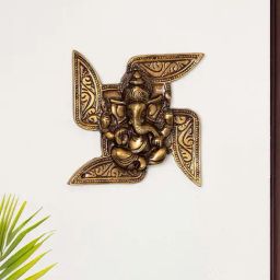 ExclusiveLane Golden Brass Swastik-Ganesha Wall Hanging-image-68