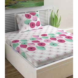Divine Casa Floral Blend Cotton Single Bedsheet with 1 Pillow Cover - Pink & Turquoise-image-97