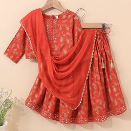 Babyhug Three Fourth Sleeves Choli With Lehenga & Dupatta Brocade Print - Orange-image-92