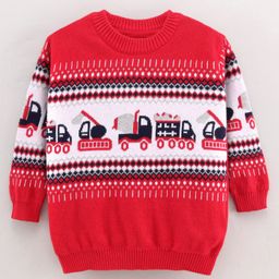 Little Folks Cotton Full Sleeves Vehicles Printed Sweater - Red-image-34