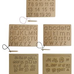 Mindmaker Wooden Tracing Slate Writing Practice Board with Dummy Pencil Set of 5 Board Capital Alphabets Small Alphabets Numbers Tamil Vowel & Consonants - Brown-12