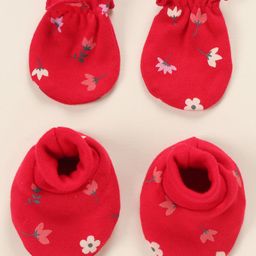 Babyhug 100% Cotton Mittens & Booties Set Floral Print - Red-image-34