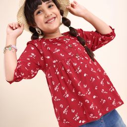 Babyhug Viscose Woven Three Fourth Sleeves Top With Frill Detailing Floral Print- Red-image-32