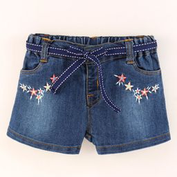 ToffyHouse Stretch Denim Mid Thigh Length Embroidered Denim Shorts with Belt - Blue-image-1