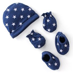 Babyhug 100% Cotton Knit Cap Mittens & Booties Star Print - Blue-image-10