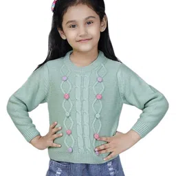 JoE Hazel Full Sleeves Woven Design Detailed Bobbles Jumper Sweater - Sea Green-picture-5