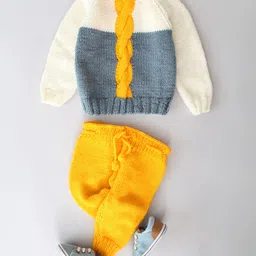 Woonie Full Sleeves Cable Knit & colour Blocked Sweater &  Pant Set - Yellow-picture-21