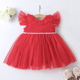 Mark & Mia Sleeveless Party Wear Frock Style Onesie Solid Colour - Red-image-71