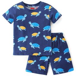 Babyhug Cotton Knit Half Sleeves Night Suit Turtle Print- Navy Blue-image-42