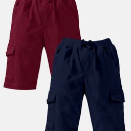 Kiddopanti Pack Of 2 Solid Knee Length Cargo Shorts  - Wine & Navy Blue-image-75