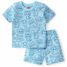 Babyhug Cotton Knit Half Sleeves Night Suit With Text & Tiger Print - Blue-image-84