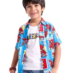 Babyhug Marvel Cotton Knit  Half Sleeve Regular Collar Spiderman Printed Shirt with T-Shirt - Blue & White-image-52